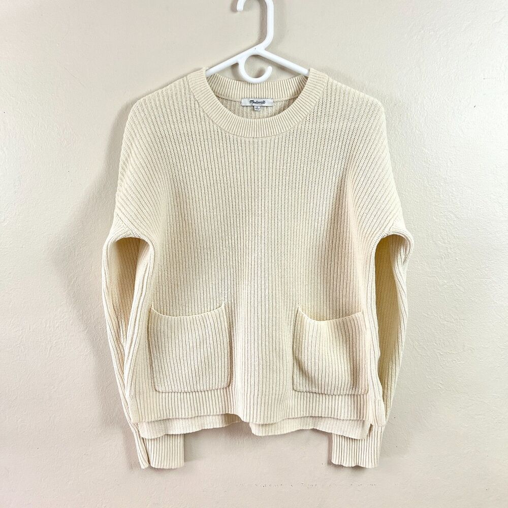 Madewell Patch Pocket Pullover Ivory Lightweight Slouchy High Low Sweater Sz M
